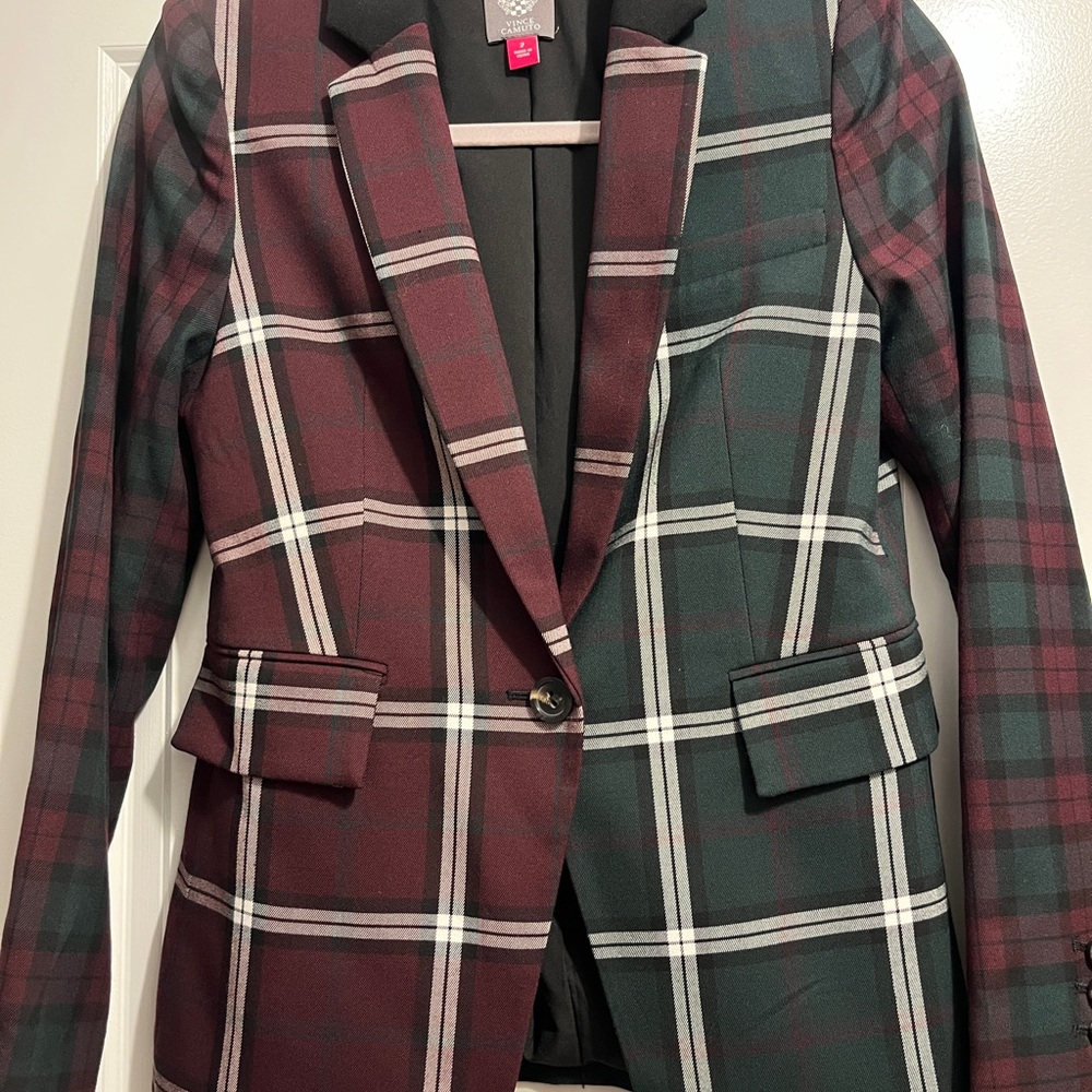 Vince Camuto Burgundy and Green Plaid Blazer